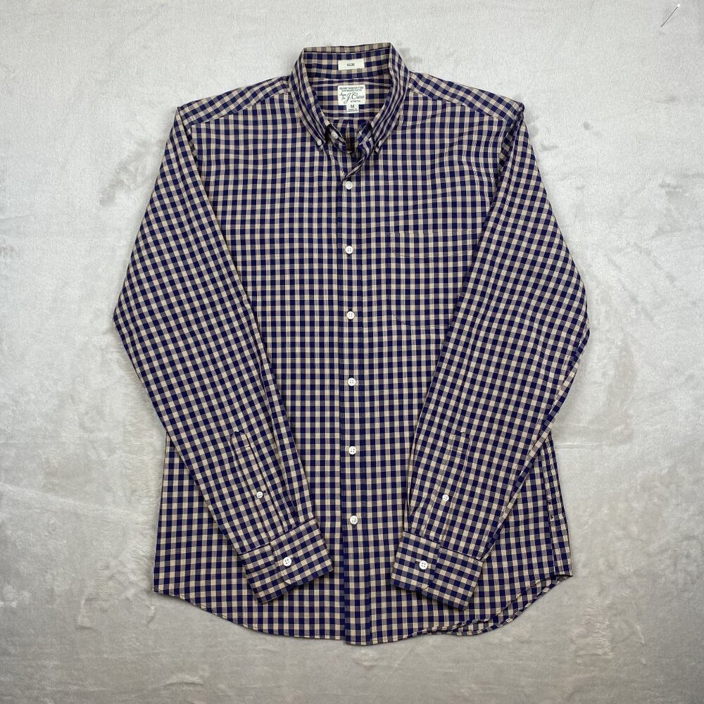 J.Crew Slim Fit Secret Wash Organic Cotton Stretch Shirt Navy/Beige Check M